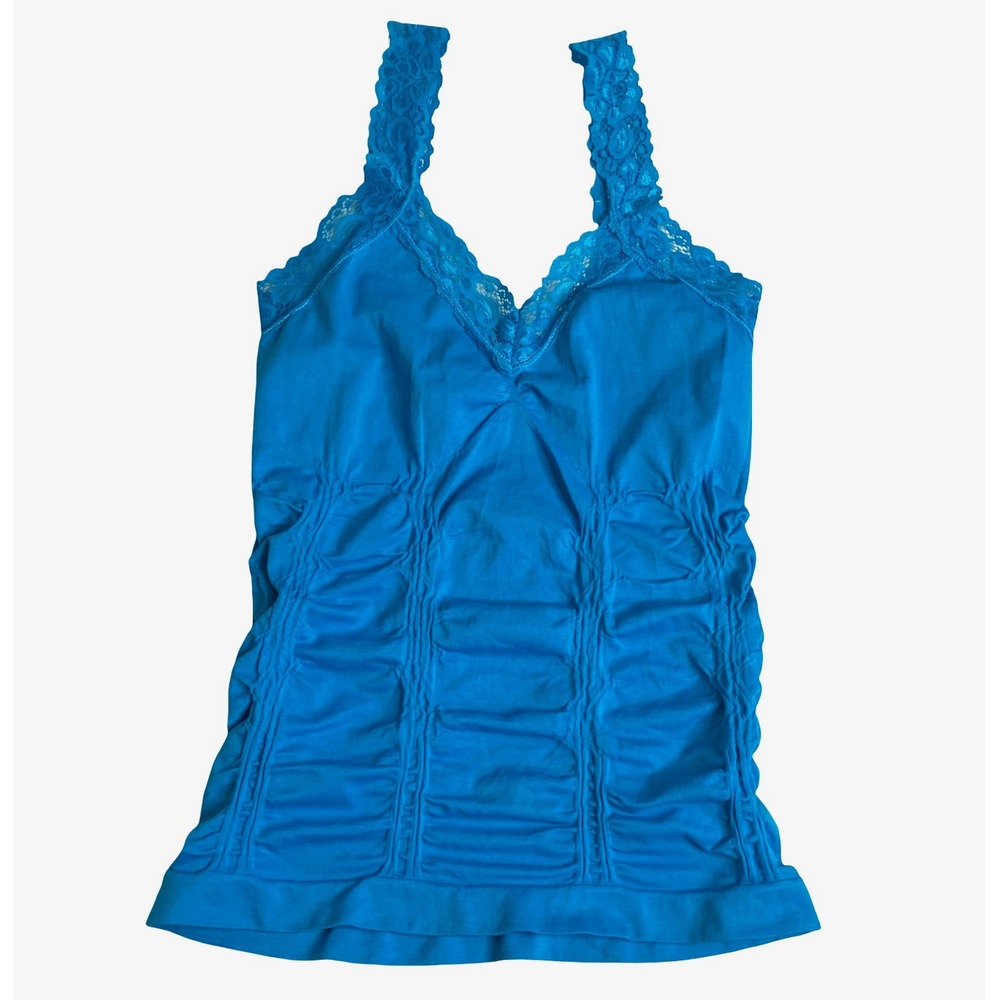 F&F Lace Trim Ruched Camisole Tank Top Womens XS Blue V Neck Sleeveless Y2K